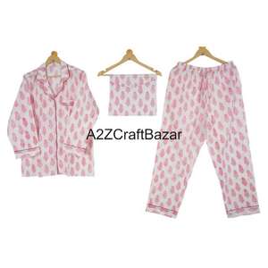 Wholesale Of 100% Cotton <b>PJ</b> Set Block Printed Floral Pajama <b>Top</b> and Bottom Summer Night Wear Ankle-Length Sleepwear For <b>Womens</b> - Product Image 1
