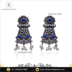 ต่างหูห้อย jhumka สีเงินโบราณของผู้หญิงอินเดียจัดงานแต่งงานปาร์ตี้หมั้นไข่มุกเพชรส่วนใหญ่ทำจากทองเหลือง - Product Image 2