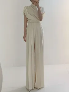 For Mid Waist Pleated Straight Breathable Waterproof Canvas Pants Minimalist Loose Full <b>Length</b> Winter Elastic Waist Solid - Product Image 3