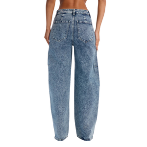 Jeans de Pierna Recta con Adornos de Perlas para Mujer, Lavado Ácido Azul Claro, Pantalones de Mezclilla Casuales de Longitud Completa, Moda para Mujer, Venta al Por Mayor - Product Image 2