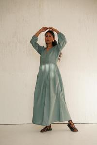 Alta calidad V cuello sólido manga larga algodón Maxi vestido URE Color largo Midi liso vestidos elegantes cuello en V Puff mangas largas - Product Image 4