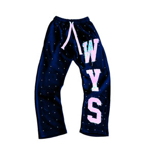 กางเกงขาบานทรงตรงสไตล์วินเทจลำลองปักโลโก้ตามสั่ง กันน้ำ ซักย้อมสีซีดแบบซันเฟด ประดับคริสตัล - Product Image 5