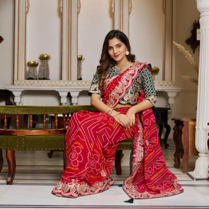 Tissu en soie mono pur bandhrej, travail lourd de pitha et de gota pati, coupe de 5,50 mètres, pour blouse (non cousue) - Product Image 6