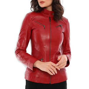 Chaqueta de motorista de mujer de cuero genuino de alta calidad Color rojo elegante personalizado Dos bolsillos con cremallera en forro lateral - Product Image 1