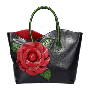 Genuine Leather Purses and Handbags for Women Satchel Flower Handbag.
