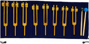 Juego de 9 Diapasones de Solfeggio y 9 Diapasones de Chakra con Peso Dorado, Afinados a .25Hz para Sanación por Sonido - Product Image 6