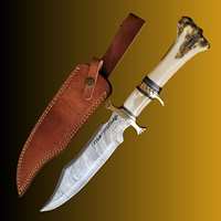 Couteau de survie Bowie en acier Damas pour la chasse, le camping et la randonnée, durable et multi-usages, avec manche en os de chameau