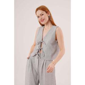 Conjunto Elegante de Dos Piezas para Mujer Lustrin en Gris, con Chaleco con Detalle de Lazo Frontal y Pantalones Anchos, 100% Poliéster, Estilo Casual - Product Image 4