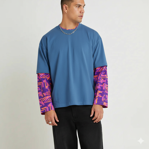 เสื้อยืดสตรีทแวร์แขนคู่สีขาวสีดำเสื้อยืดแขนยาวผ้าฝ้ายโอเวอร์ไซส์ OEM - Product Image 3