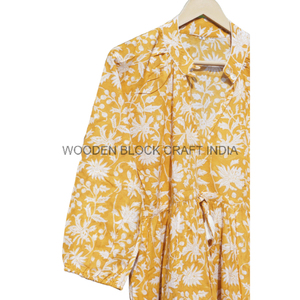 Robe midi décontractée confortable à manches longues pour les fêtes d'été, magnifique, 100% coton, imprimé floral léopard, faite à la main en Inde, naturelle - Product Image 3