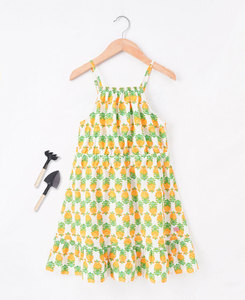 Robe d'été mignonne pour filles, en mousseline de coton, imprimé floral ananas, bretelles spaghetti, coupe trapèze, mini, avec volants, respirante - Product Image 1