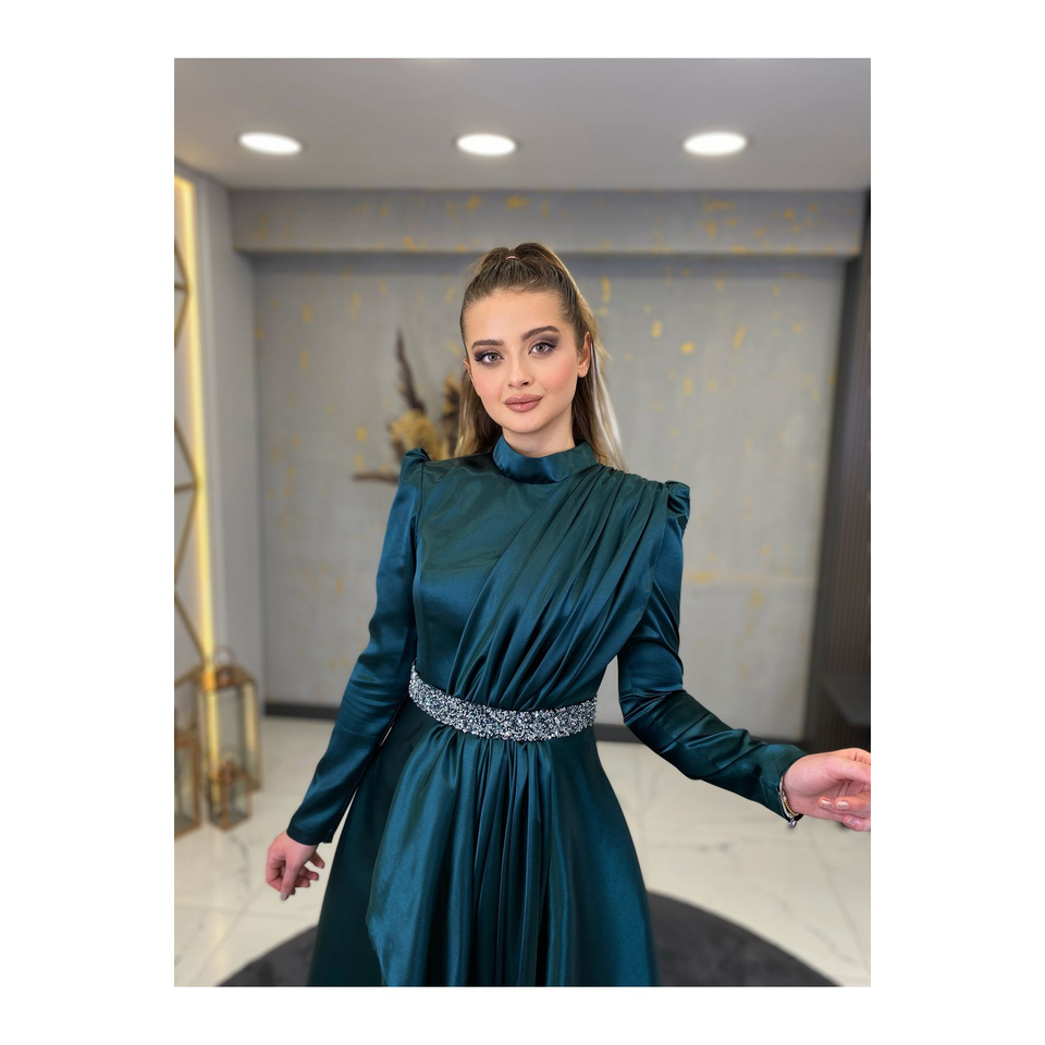 Satin Stone Belted Evening Dress