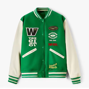 Veste universitaire de baseball pour hommes de haute qualité 100% laine, fine, bouton complet, manche en cuir avec broderie sur le devant. - Product Image 1