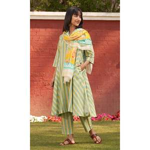 Iris Linen Yellow Stripe Choga Ensemble de 3-XS à XL Short 2 pièces avec pantalon et étole Design - Product Image 5