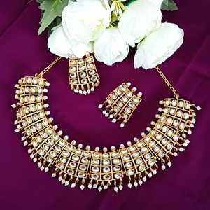 Chapado en oro indio Tono Joyería Mayorista Faux Pearl Kundan Gargantilla Collar nupcial Pendientes Conjunto Joyería India para mujeres - Product Image 2