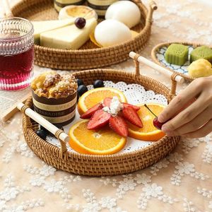 Plateau en rotin de bambou fait main plateau en rotin avec poignée tissé à la main rond haut mur plateaux de séparation des aliments multi-usages - Product Image 5