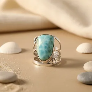 925 <b>Silver</b> Romantic Larimar Gemstone <b>Ring</b> for Women <b>Emerald</b> Cut Diamond Natural Stone Platinum Plated Rhodium Fine for Promises - Product Image 3