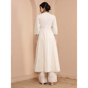 DEEBACO Mirror Embroidered Neck Patch Solid Cotton Long Anarkali Kurta Palazzo Co-ord <b>Set</b> Women's Stylish Front Slit Breathable - Product Image 4