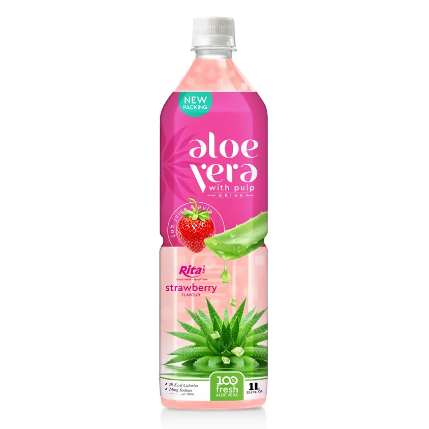 Grossiste sain, ajoutez de l'eau pour votre corps, vente en gros, bouteille en Pet de 1000 ml, jus d'aloe Vera avec fraise