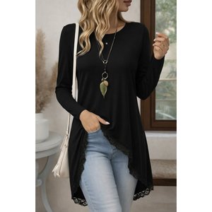 Blusa de Viscosa con Encaje y Corte Asimétrico de Manga Larga y Cuello Redondo para Mujer, de Jane's, para Uso Diario Informal, Cómoda y Elegante - Product Image 1