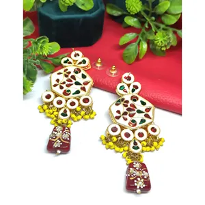 Kundan Meenakari <b>Earrings</b> Gold-Plated Drop Fashion Jewelry <b>Studded</b> with Intricate Design - Product Image 2