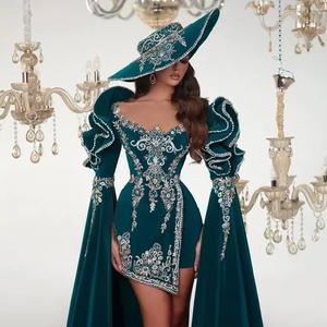 Elegante y elegante Vestido corto de noche con mangas largas con cuentas de cristal embellecido, piedra, trabajo Dabka para bodas = 2024 - Product Image 1