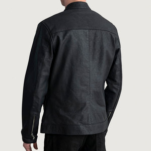 <b>Men's</b> Genuine Leather Moto <b>Jacket</b> Stand Collar Zipper Closure Regular Fit Solid Black Autumn Wear - Product Image 4