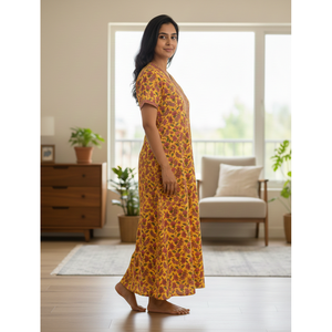 Vestido de Dormir 100% Algodón con Estampado Jaal Hecho a Mano, Camisón Suave Tejido con Diseño Floral y Cierre de Botones, Talla 3XL para Damas de Honor - Product Image 2