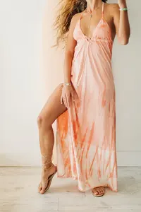 Trendy Beach Side Bliss Rayon Tie Dye Deep V Neck Mujeres Backless Spaghetti Maxi Vestido largo de pierna alta para vacaciones de verano Vibes - Product Image 3
