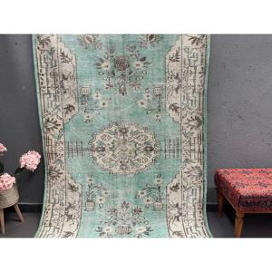 พรมตุรกีวินเทจ ขนาด 4.7x8.3 ฟุต พรมสีเขียวเทา ทำจากขนสัตว์แบบอิคัต - Product Image 2