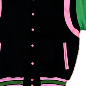 Veste bomber réversible imperméable de style streetwear premium pour fraternité grecque, en cuir vert, soie/coton noir - Product Image 6