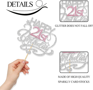 Feliz 21 cumpleaños pastel Topper saludos a otro año con brillo plateado y rosa para niñas hito decoración de fiesta de cumpleaños - Product Image 3
