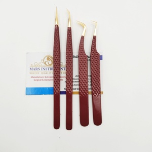 Pince à épiler pour extension de cils Pince à épiler couleur rouge et or pour extension de cils Pince à épiler à pointe de fibre de marque privée avec emballage en boîte - Product Image 5