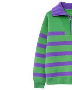 Custom <b>Men</b> Quarter Zip Knit Sweater Green And Purple Striped Textured Knit High Collar Warm Winter Casual Pullover OEM Custom - Product Image 3