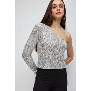 Blusa Elegante para Mujer en Satén, Estilo Casual con Logotipo Frontal, Hombros Descubiertos, Mangas Coloridas, Tops para Damas - Product Image 3