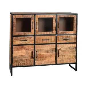 Industrial Iron Frame & Solid Mango Wooden Natural Rough Finish 3 Storage Drawers 3 Doors 3 Display Doors Cupboard Cabinet