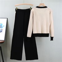 2025 automne Collection femmes nouveau tricoté large jambe pantalon ensemble Boutique mode décontracté solide motif montrer poids réduction de l'âge