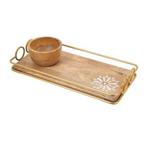 Bandeja de diseño con incrustaciones de madera de alta venta con cuenco, asas de Metal de diseño elegante para bandeja de servicio de comida, Plato decorativo - Product Image 5