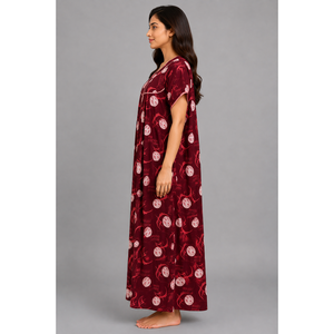 Evolove Women's Skin Friendly Digital Printed Front Zip <b>Long</b> Sleeve Neck Nightgown Dark Maroon Quick Dry 100% Cotton Sleepwear - Product Image 3