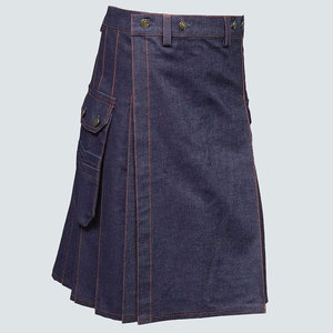 Kilt en jean pour homme avec surpiqûres contrastées orange, kilt utilitaire moderne, poches cargo durables, OEM ODM - Product Image 1