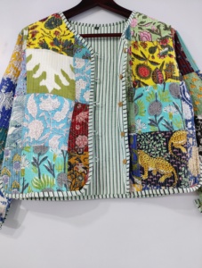 Handmade Quilted <b>Jacket</b> Coats New Style Boho <b>Jacket</b> Cotton Quilted Raw Edge <b>Jacket</b> Women Wear Front Open <b>Kimono</b> Stripe Piping - Product Image 4