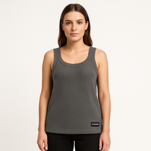 Camiseta sin mangas acanalada personalizada para mujer, tela de poliéster/algodón, secado rápido frontal, transpirable, ecológica, FIT BUNNY, textura acanalada sin mangas - Product Image 1