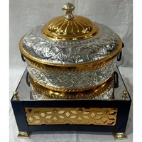 Ensemble de buffet de luxe entièrement argenté, brillant, poli, gravé, en aluminium, coulé, chauffe-plats de l'Inde