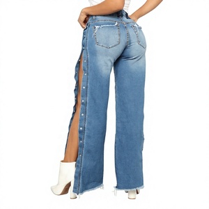 Jeans de Mezclilla de Cintura Alta y Pierna Ancha para Mujer, con Abertura Lateral y Detalle de Botones, Acabado Desgastado, Estilo Casual, Pantalones Largos - Product Image 1