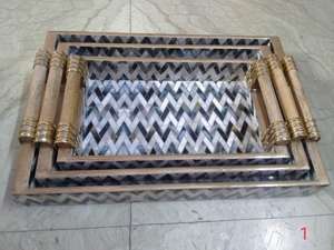 Handcrafted Modern Floral Wooden Food Serving <b>Tray</b> Three Pieces Custom Color <b>Enamel</b> Technique Convenient Handles-Crafting Crafts - Product Image 3