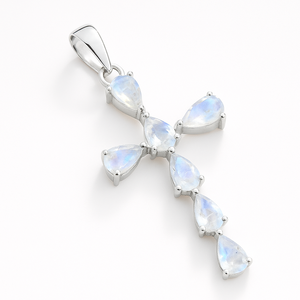 Pendentif Croix en Pierre de Lune Argent Sterling Plaqué Rhodium Minimaliste Élégant pour Femme Cadeau de Mariage ou de Fête 6x4mm Forme Poire Sertissage à Griffes - Product Image 4