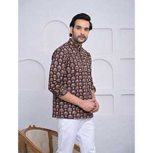 Kurta Corta Informal de Algodón Estampado para Hombre con Mangas Largas - Product Image 3