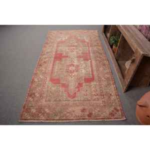 Tapis en Laine Turque Vintage 4 X 7,9ft Rouge et Beige Patchwork Design Armure Plate Support en Latex pour Décorations de Salon - Product Image 1