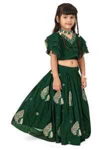 Shoryam Fashion Lehenga Choli brodé pour enfants, longueur au sol |   Tenues de fête vertes pour filles |   Costume de danse culturelle indienne ethnique - Product Image 4