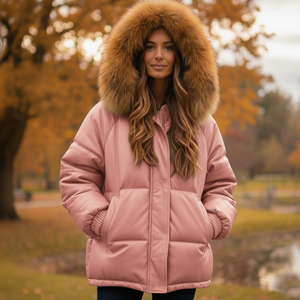 Veste en cuir matelassée d'hiver pour femme, style streetwear, à carreaux, coupe-vent, avec fermeture éclair, veste en cuir pour femme - Product Image 3